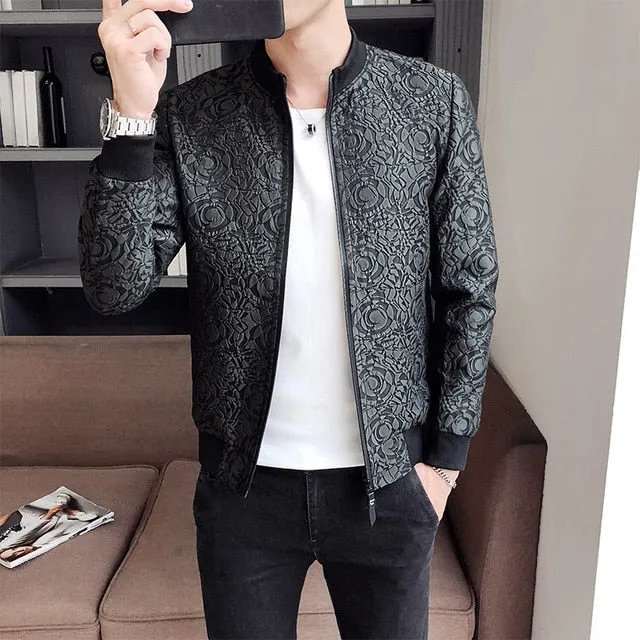 Abstract Print Jacquard Zipper Bomber Casual Men Jacket