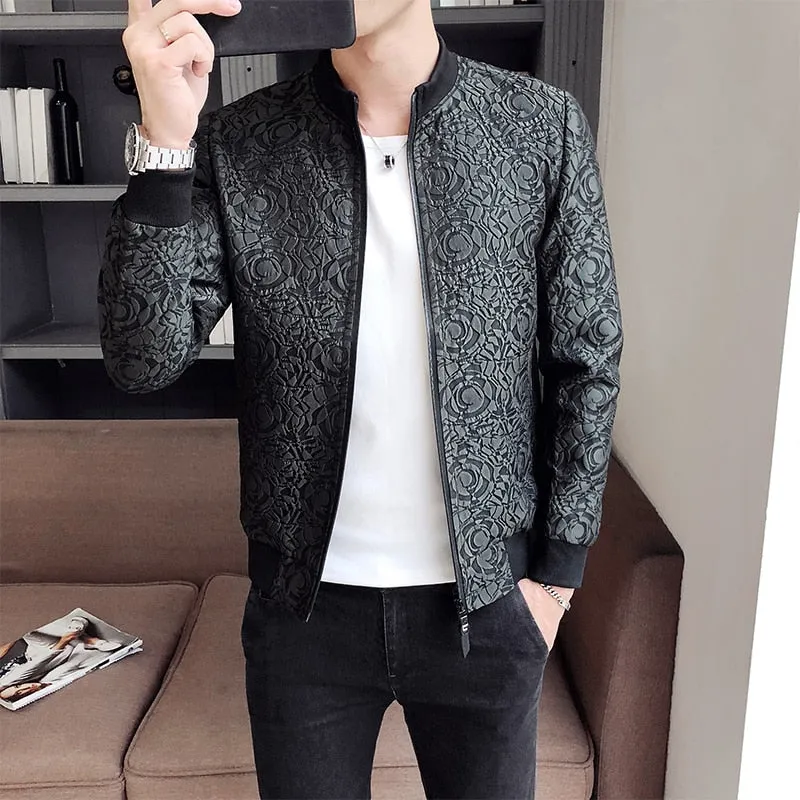 Abstract Print Jacquard Zipper Bomber Casual Men Jacket