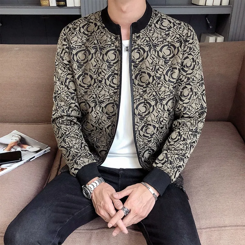 Abstract Print Jacquard Zipper Bomber Casual Men Jacket