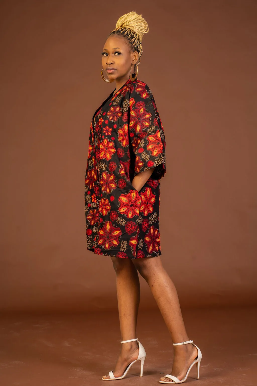 Adire Black and Red Ankara Short Kimono Jacket