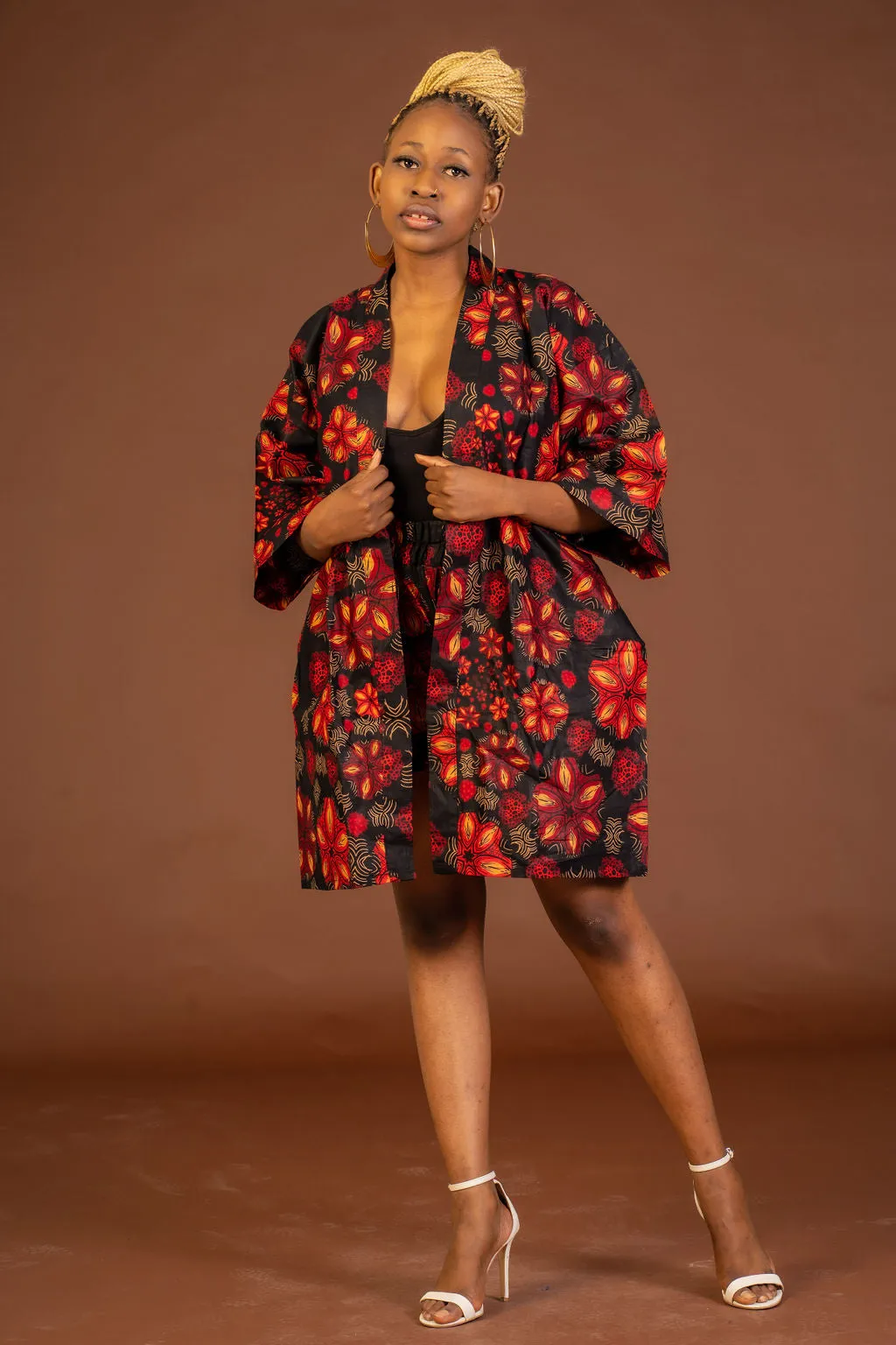 Adire Black and Red Ankara Short Kimono Jacket