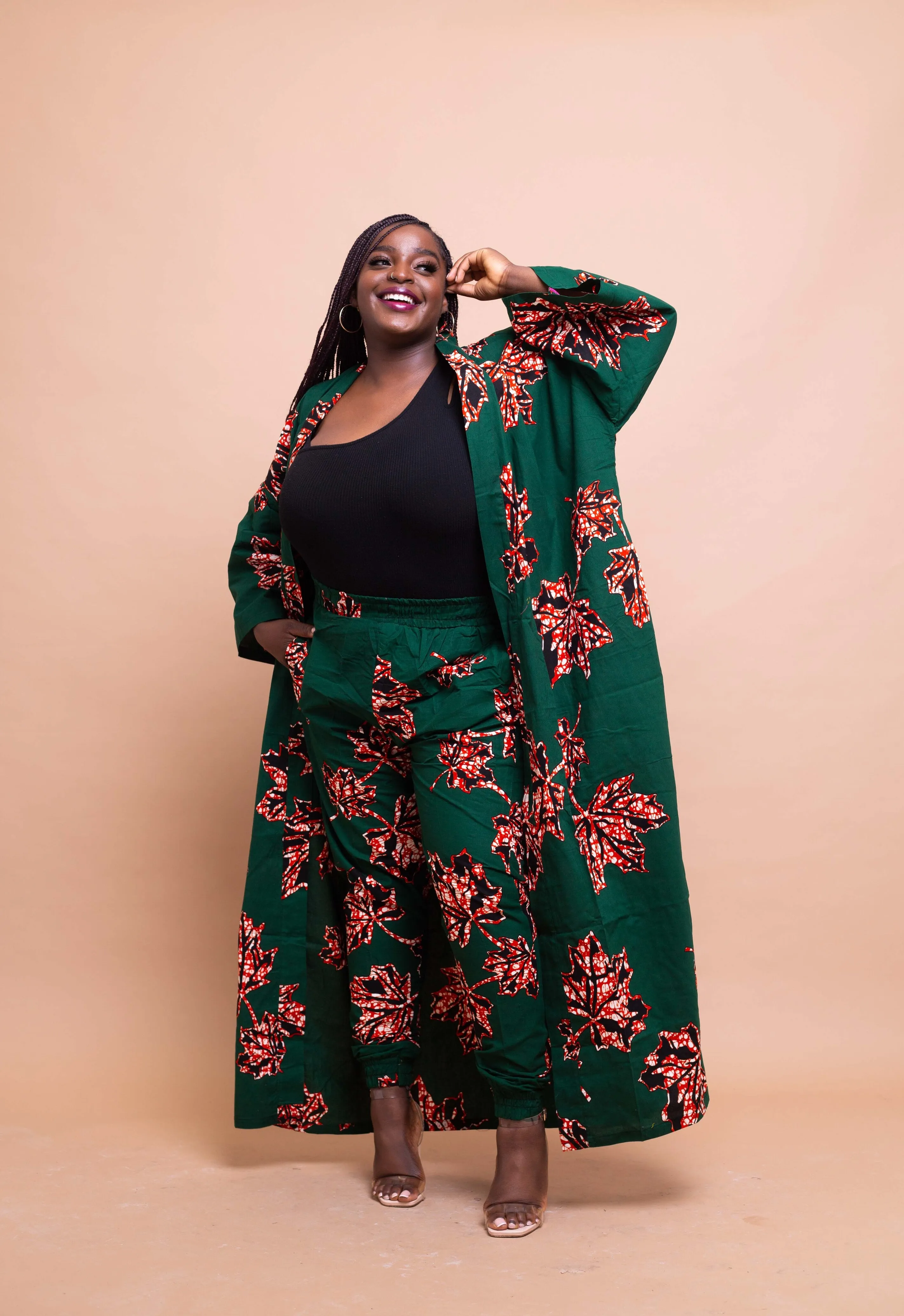 Akan Ankara Long Kimono Jacket | Green African Print