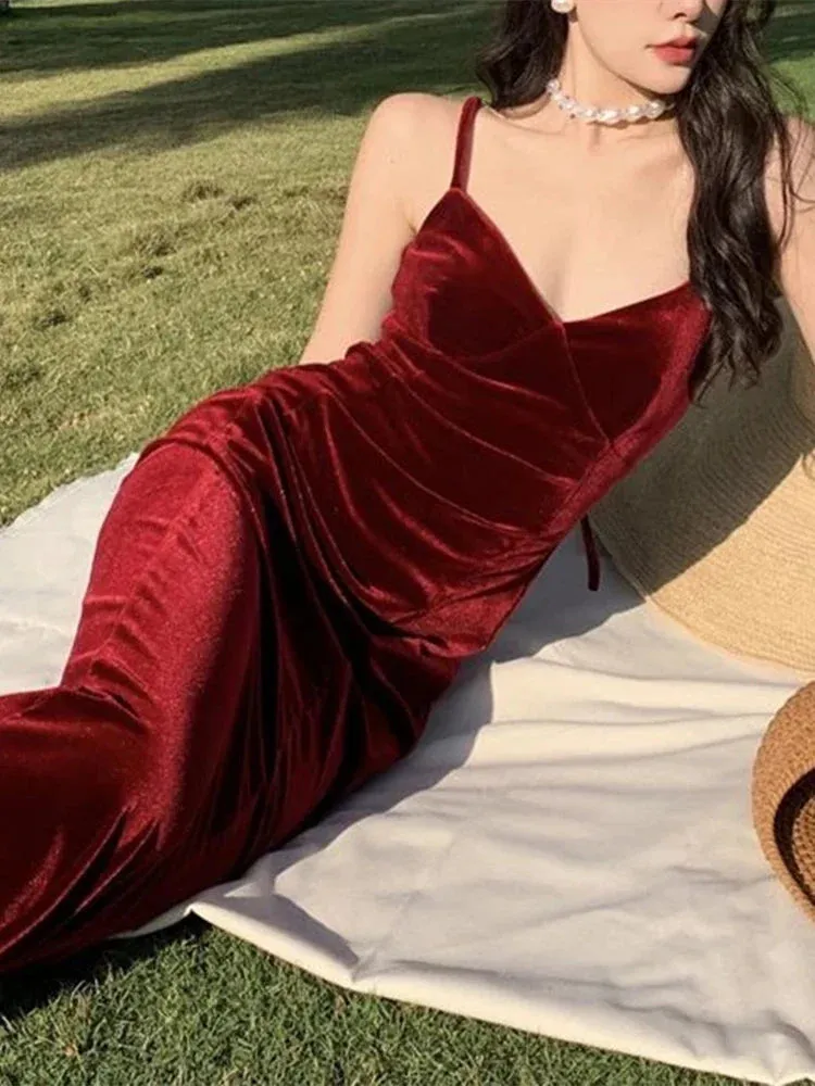Amozae-Summer Women Sexy Velvet Spaghetti Strap Bodycon Dress Femme Split High Waist Midi Dress Evening Party Vestdios