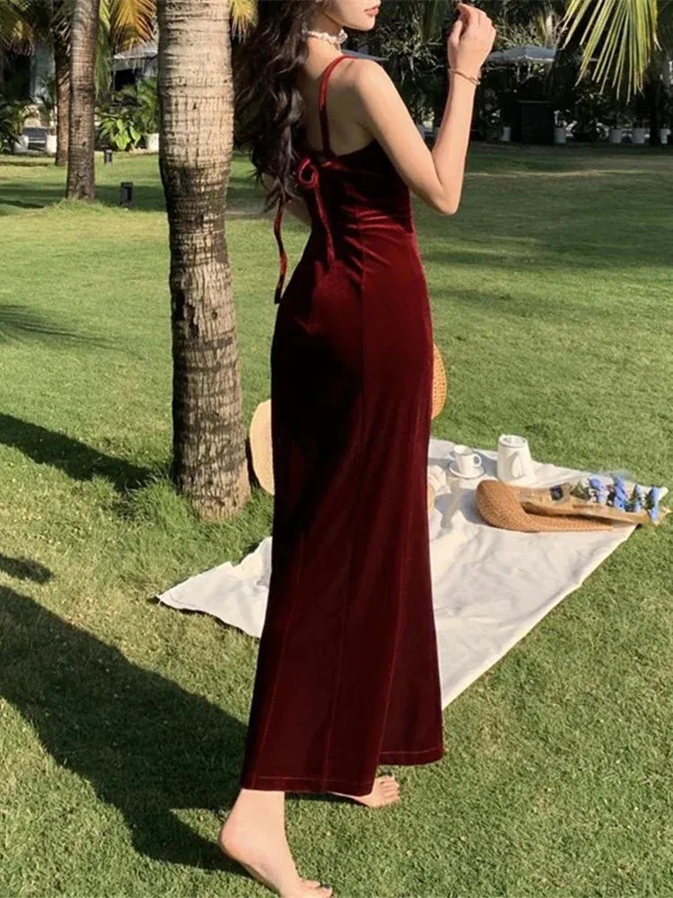 Amozae-Summer Women Sexy Velvet Spaghetti Strap Bodycon Dress Femme Split High Waist Midi Dress Evening Party Vestdios