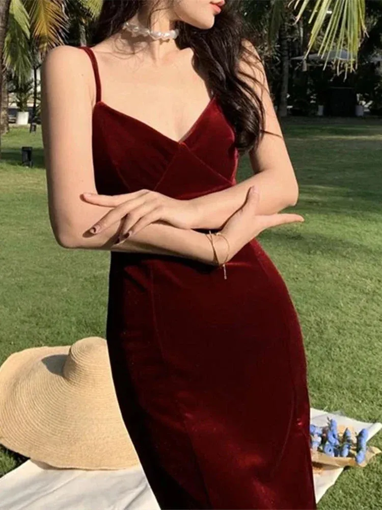 Amozae-Summer Women Sexy Velvet Spaghetti Strap Bodycon Dress Femme Split High Waist Midi Dress Evening Party Vestdios