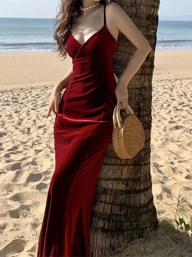 Amozae-Summer Women Sexy Velvet Spaghetti Strap Bodycon Dress Femme Split High Waist Midi Dress Evening Party Vestdios