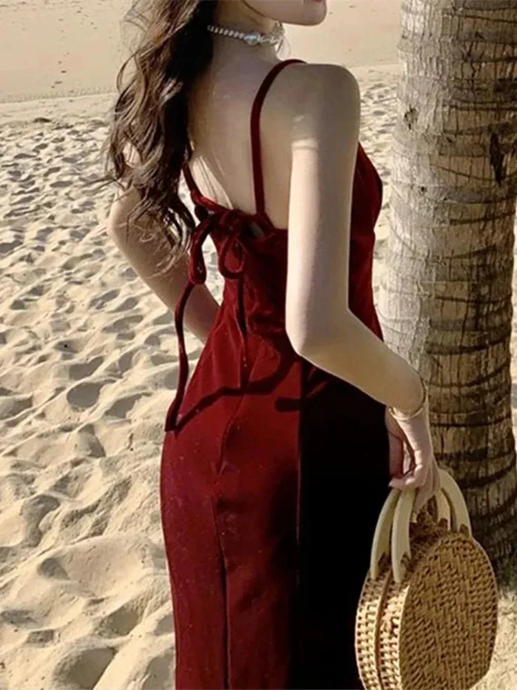 Amozae-Summer Women Sexy Velvet Spaghetti Strap Bodycon Dress Femme Split High Waist Midi Dress Evening Party Vestdios