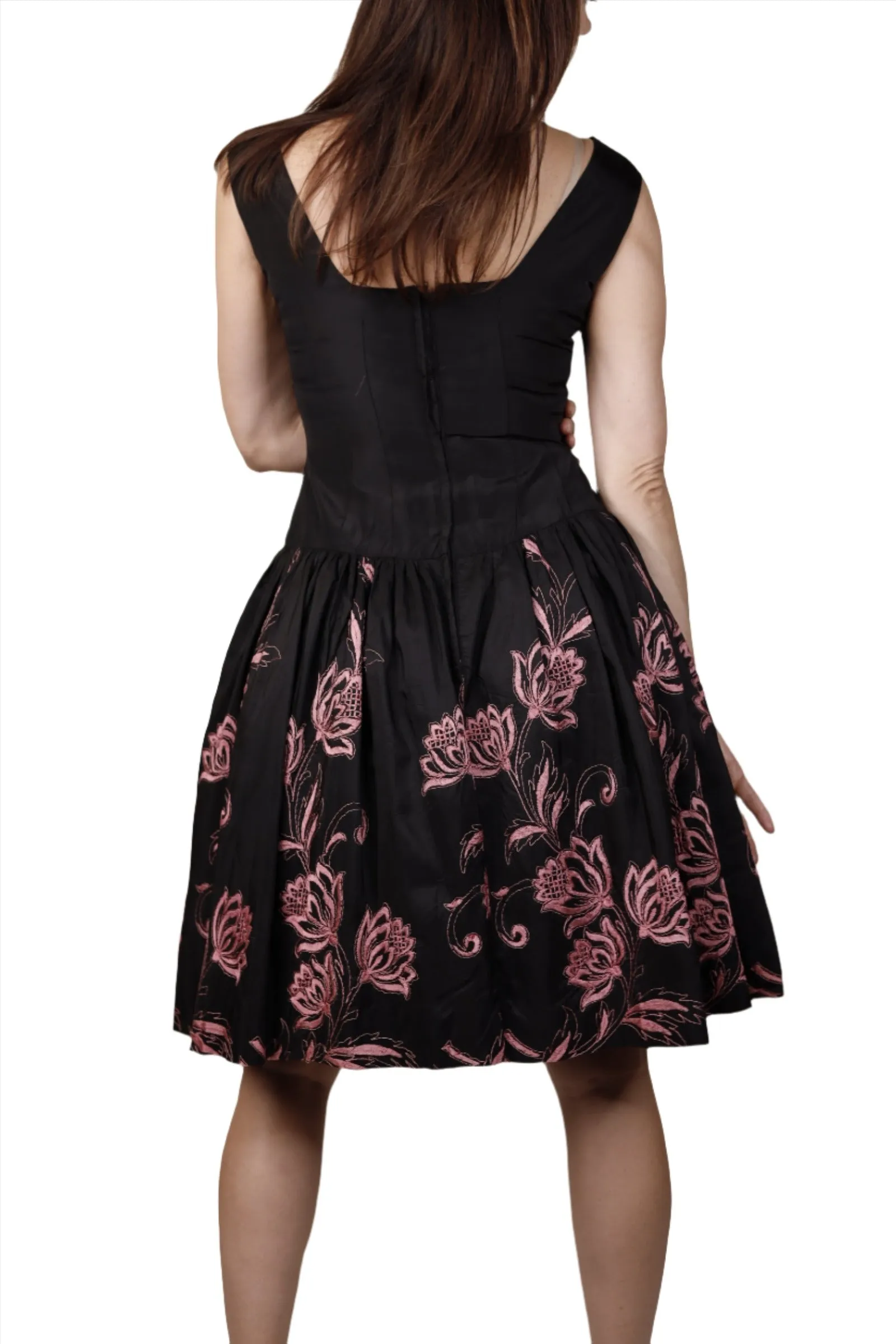 Black Dress w/ Pink Floral Embroidery & Pleats 1950s