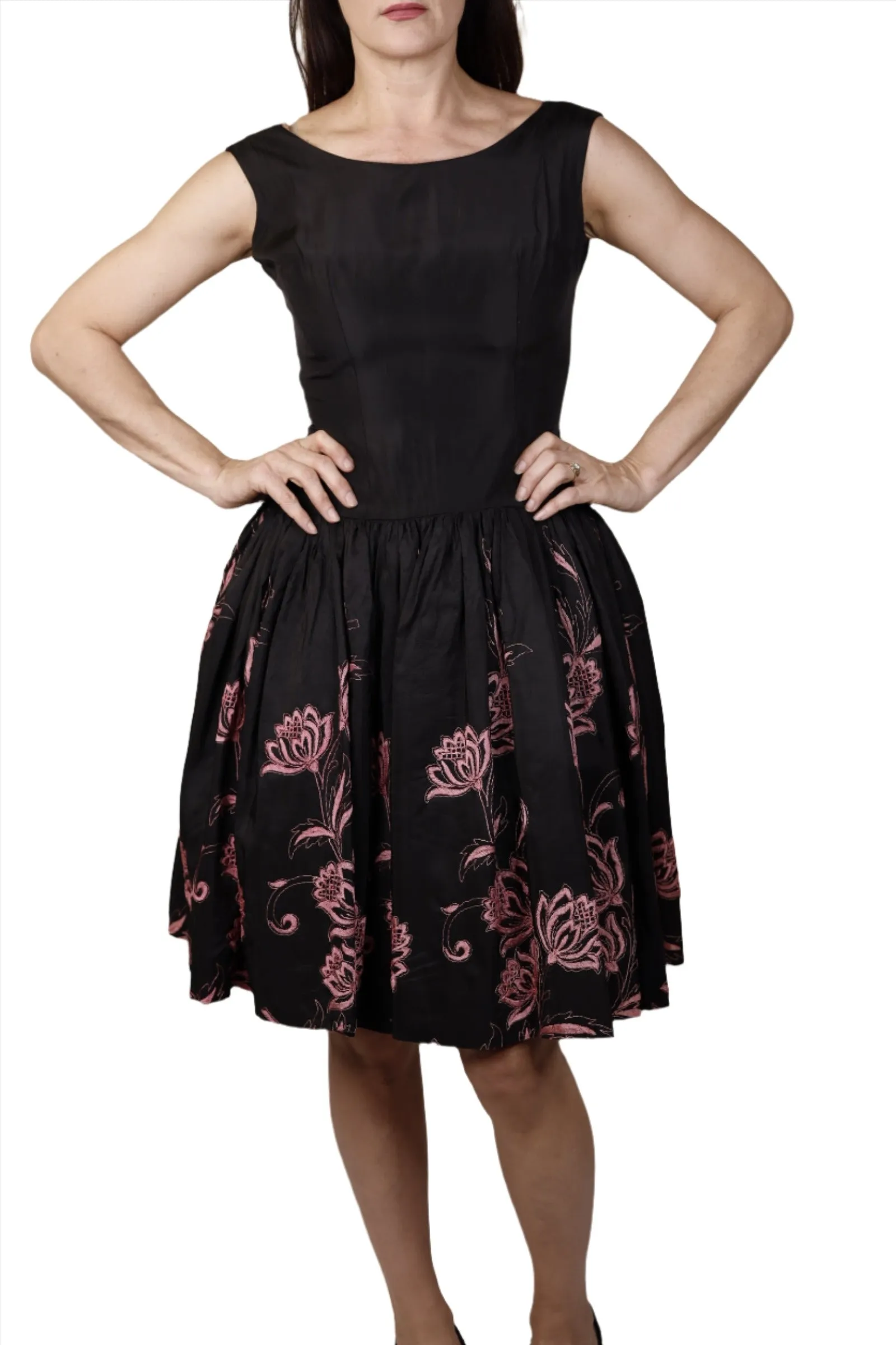 Black Dress w/ Pink Floral Embroidery & Pleats 1950s