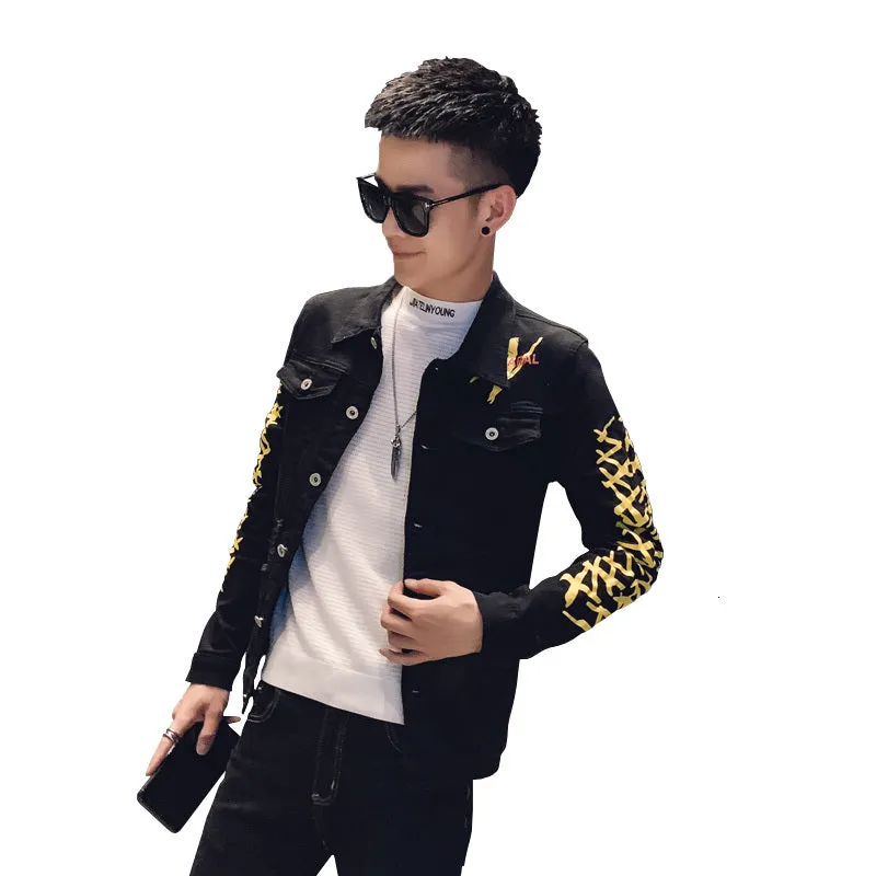 Black with Casual Yellow Pattern Slim Fit Buttoned Style Men Jacket