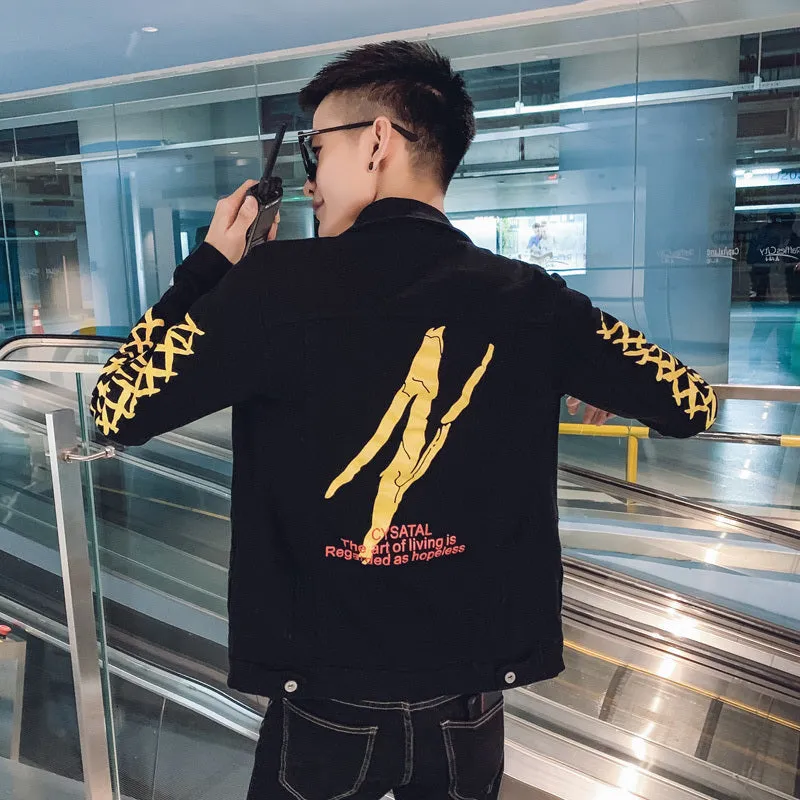 Black with Casual Yellow Pattern Slim Fit Buttoned Style Men Jacket