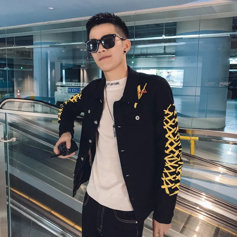 Black with Casual Yellow Pattern Slim Fit Buttoned Style Men Jacket