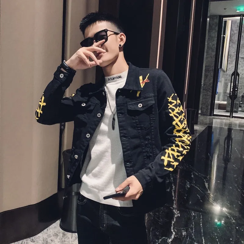 Black with Casual Yellow Pattern Slim Fit Buttoned Style Men Jacket
