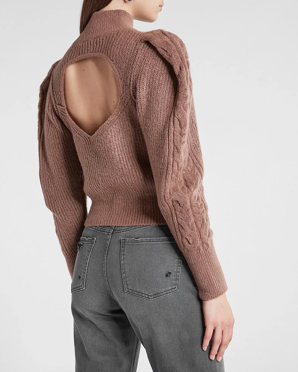 Cable Knit Puff Sleeve Open Back Sweater in Light Mocha