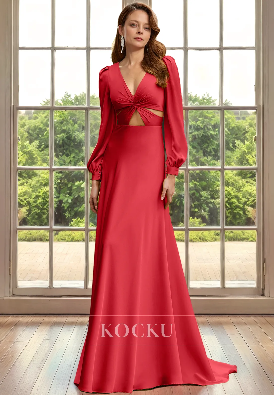 Chic & Modern V-Neck Long sleeves Mermaid Satin Cocktail Mother of the Bride Dress