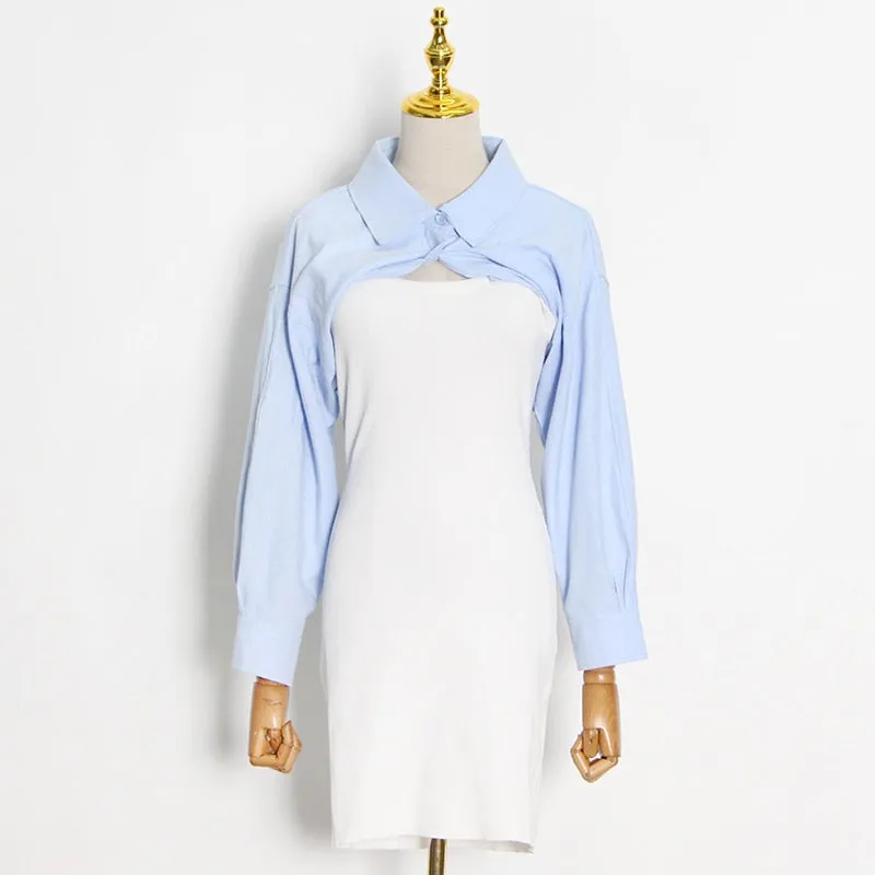 Colorblock Casual Bodycon Dress Female Lapel Long Sleeve High Waist Slim Mini Dresses For Women Summer Fashion