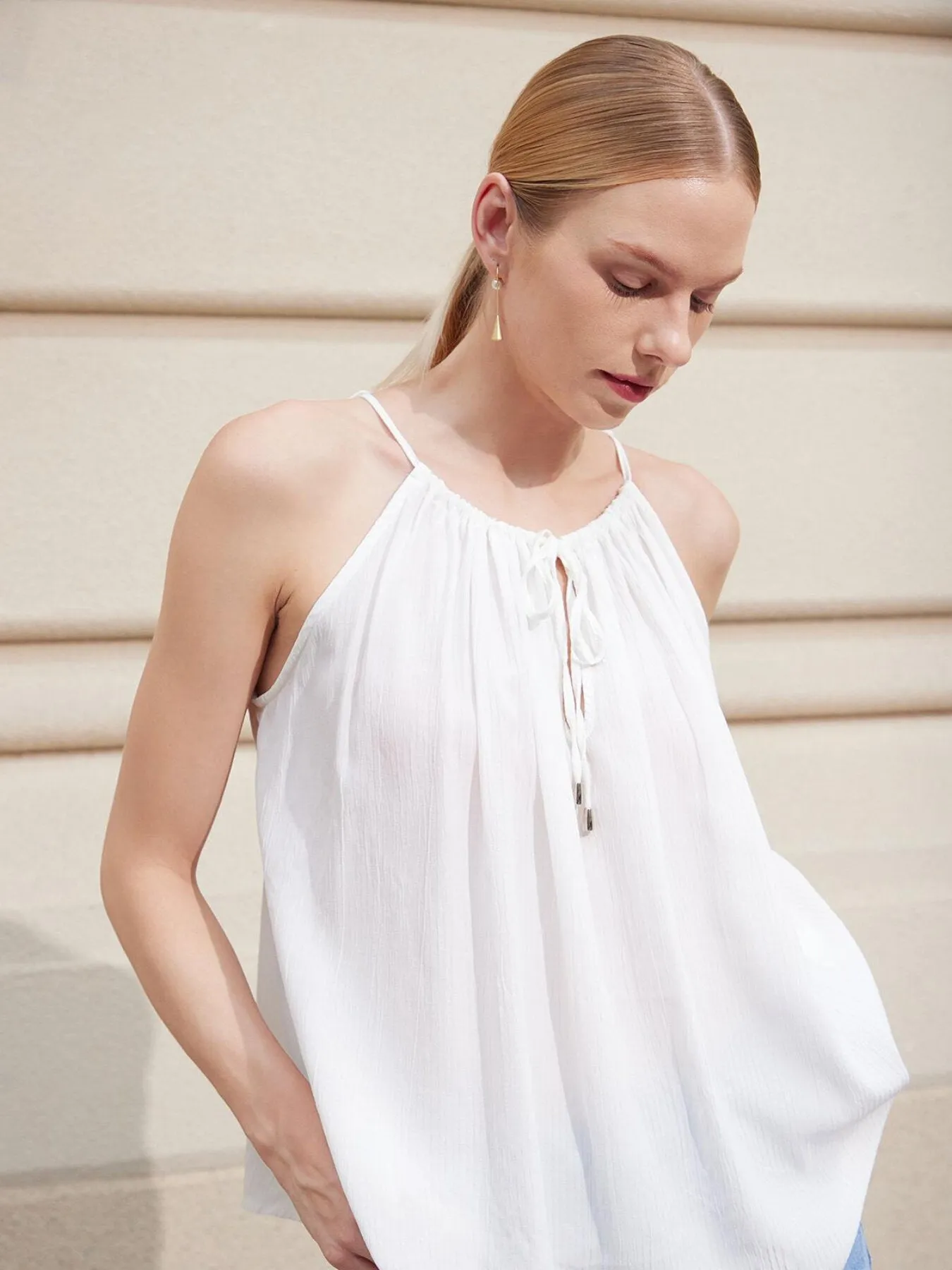 Drawstring Tie Front Plicated Camis Top