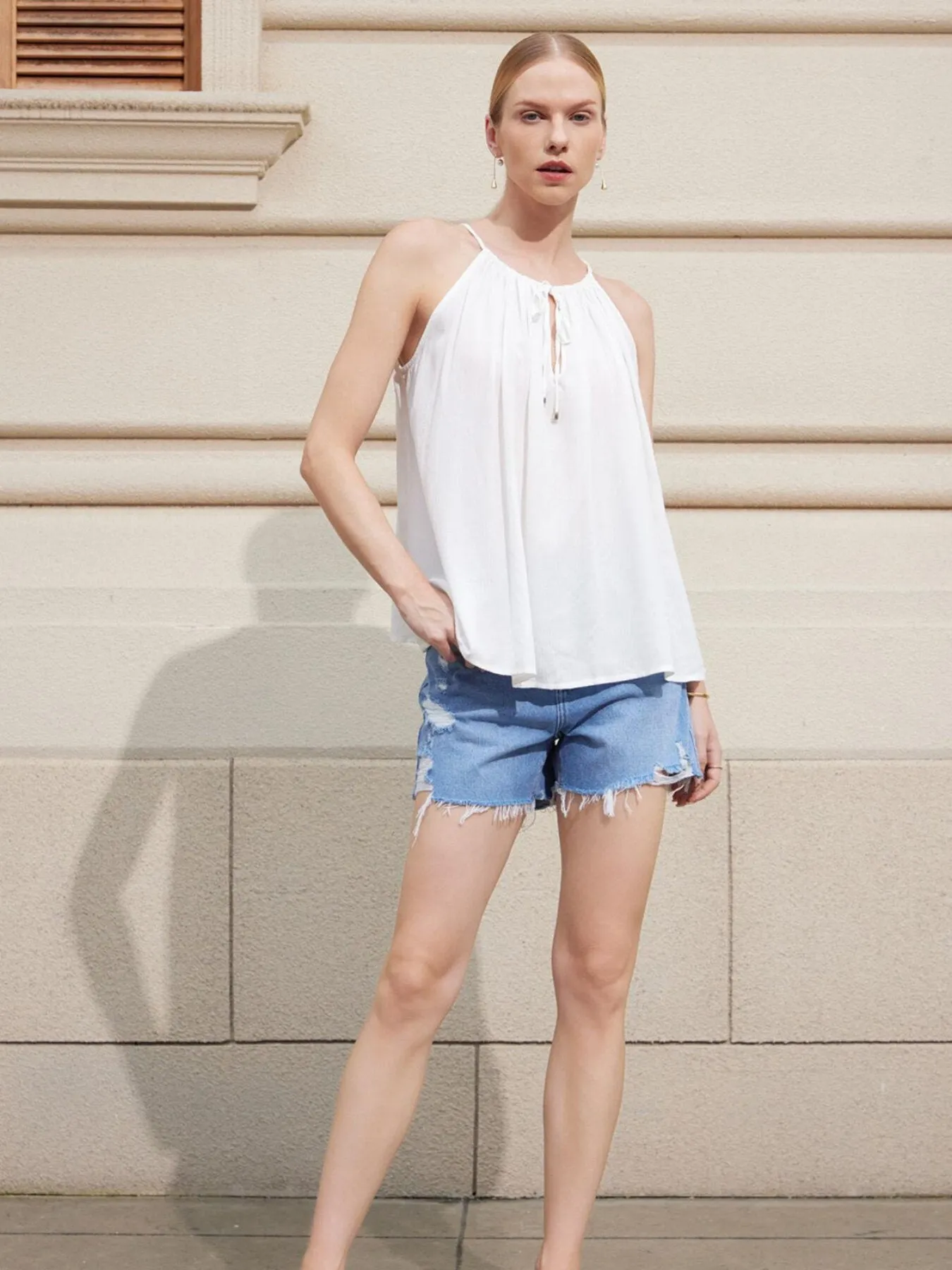Drawstring Tie Front Plicated Camis Top