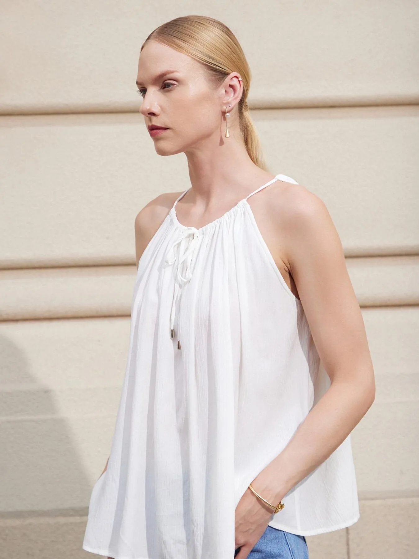 Drawstring Tie Front Plicated Camis Top