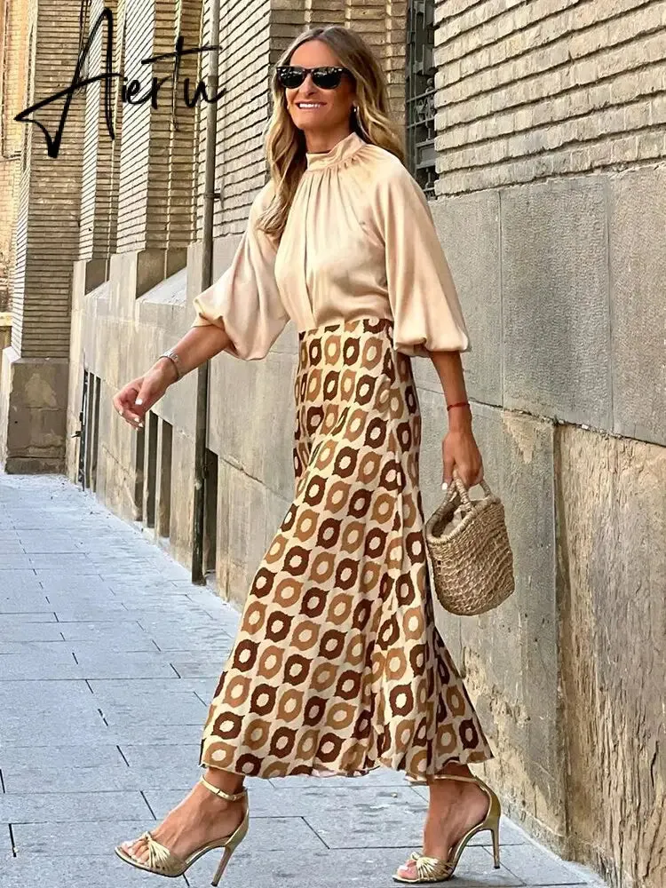 Elegant Polka Dot Casual Women Autumn Winter High Waist Maxi Skirt Falda Female A-line Khaki Women Skirt