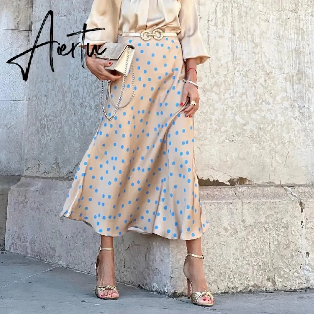 Elegant Polka Dot Casual Women Autumn Winter High Waist Maxi Skirt Falda Female A-line Khaki Women Skirt