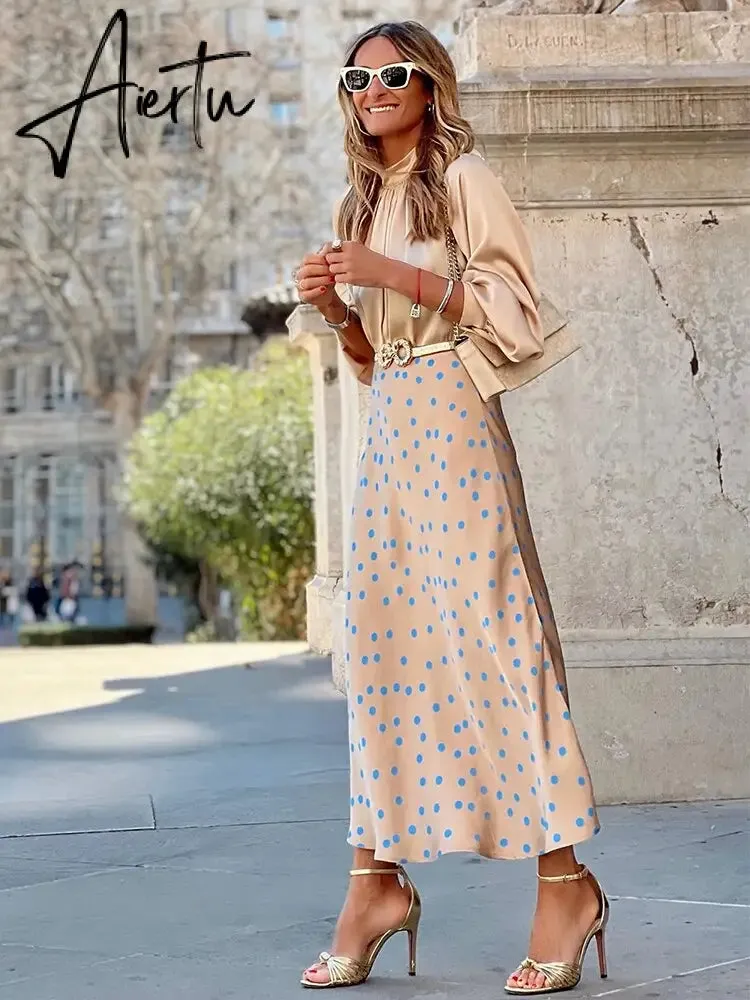 Elegant Polka Dot Casual Women Autumn Winter High Waist Maxi Skirt Falda Female A-line Khaki Women Skirt