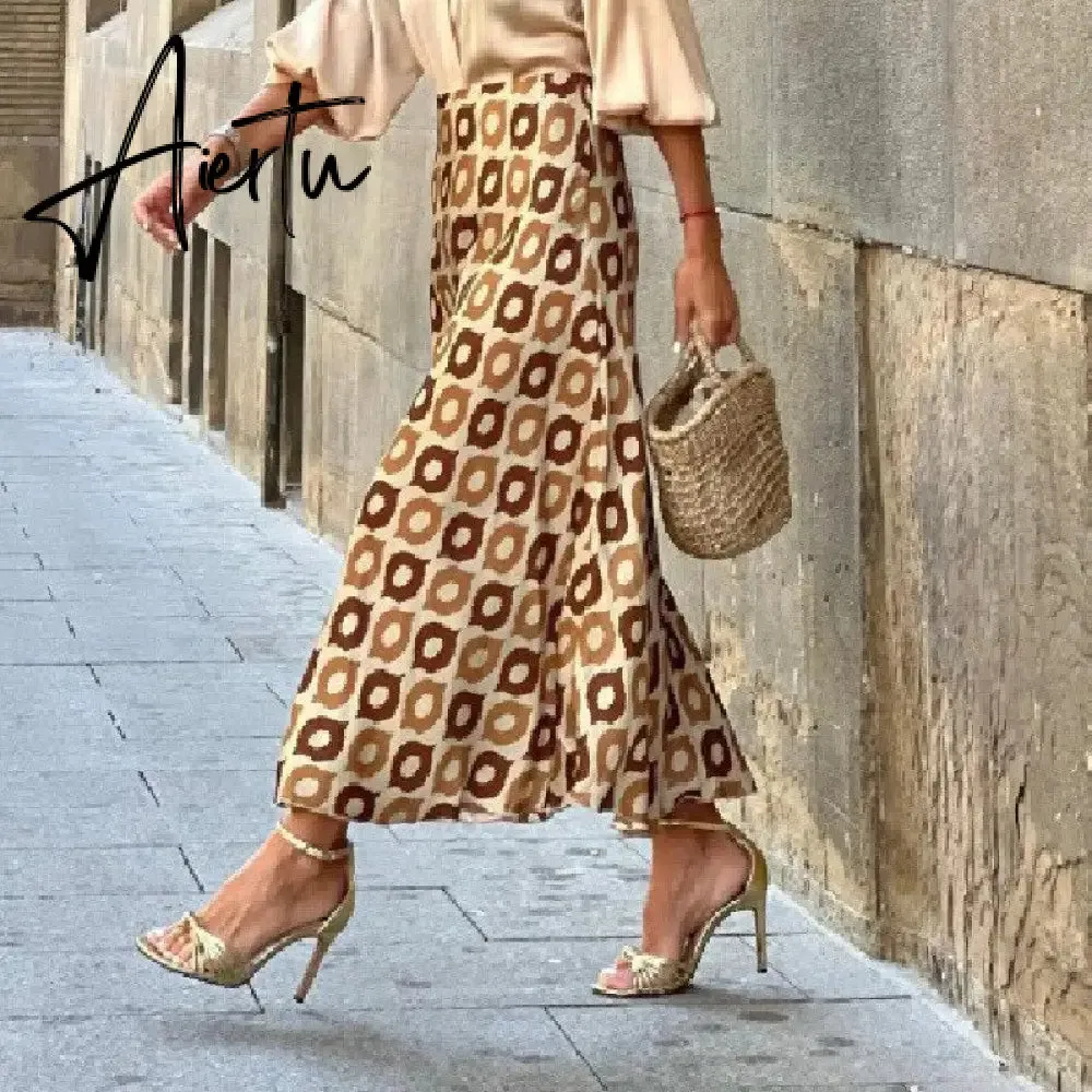 Elegant Polka Dot Casual Women Autumn Winter High Waist Maxi Skirt Falda Female A-line Khaki Women Skirt