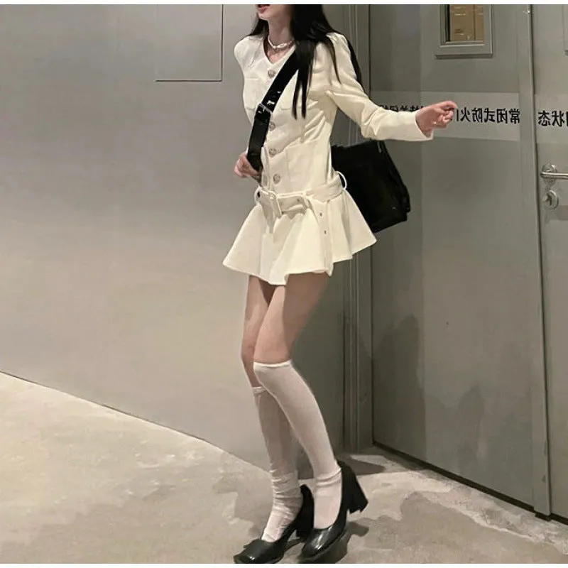 Fashionkova outfit ideas Long Sleeve Niche Retro Pleated Skirt Milky Whit Style Dress Women's Autumn and Winter New