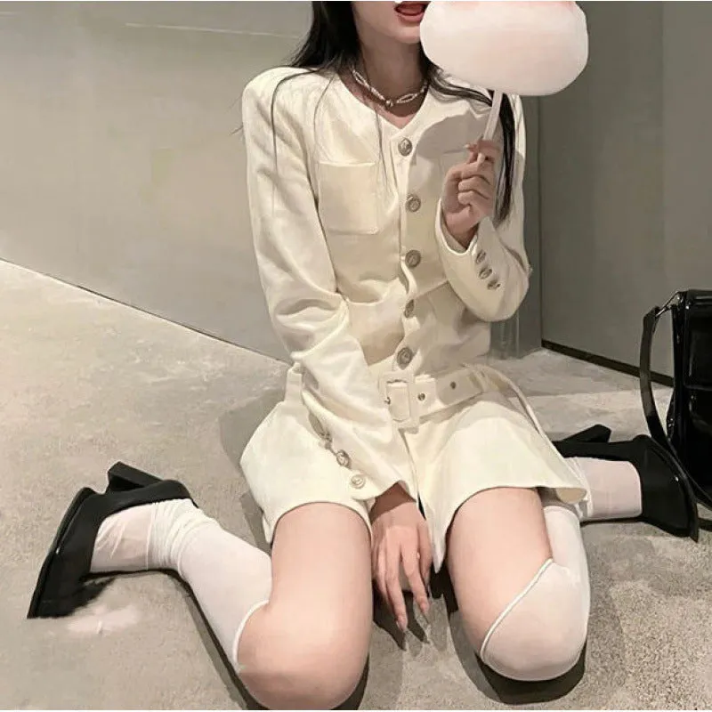 Fashionkova outfit ideas Long Sleeve Niche Retro Pleated Skirt Milky Whit Style Dress Women's Autumn and Winter New