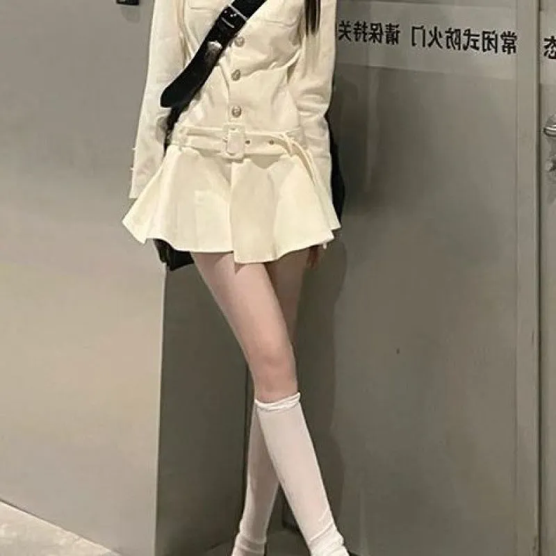 Fashionkova outfit ideas Long Sleeve Niche Retro Pleated Skirt Milky Whit Style Dress Women's Autumn and Winter New