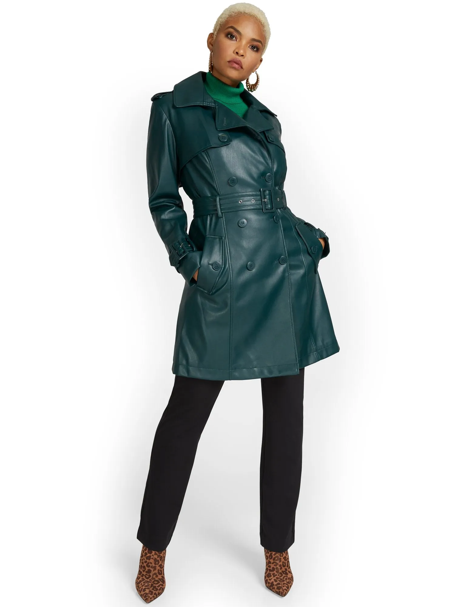 Faux-Leather Belted Trenchcoat