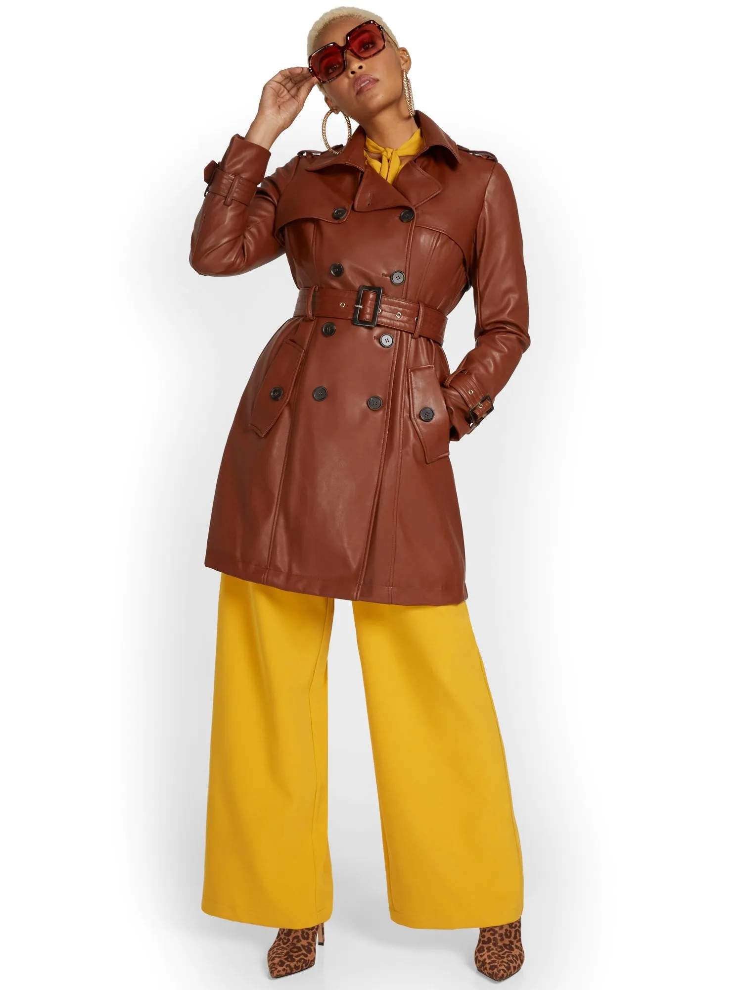 Faux-Leather Belted Trenchcoat