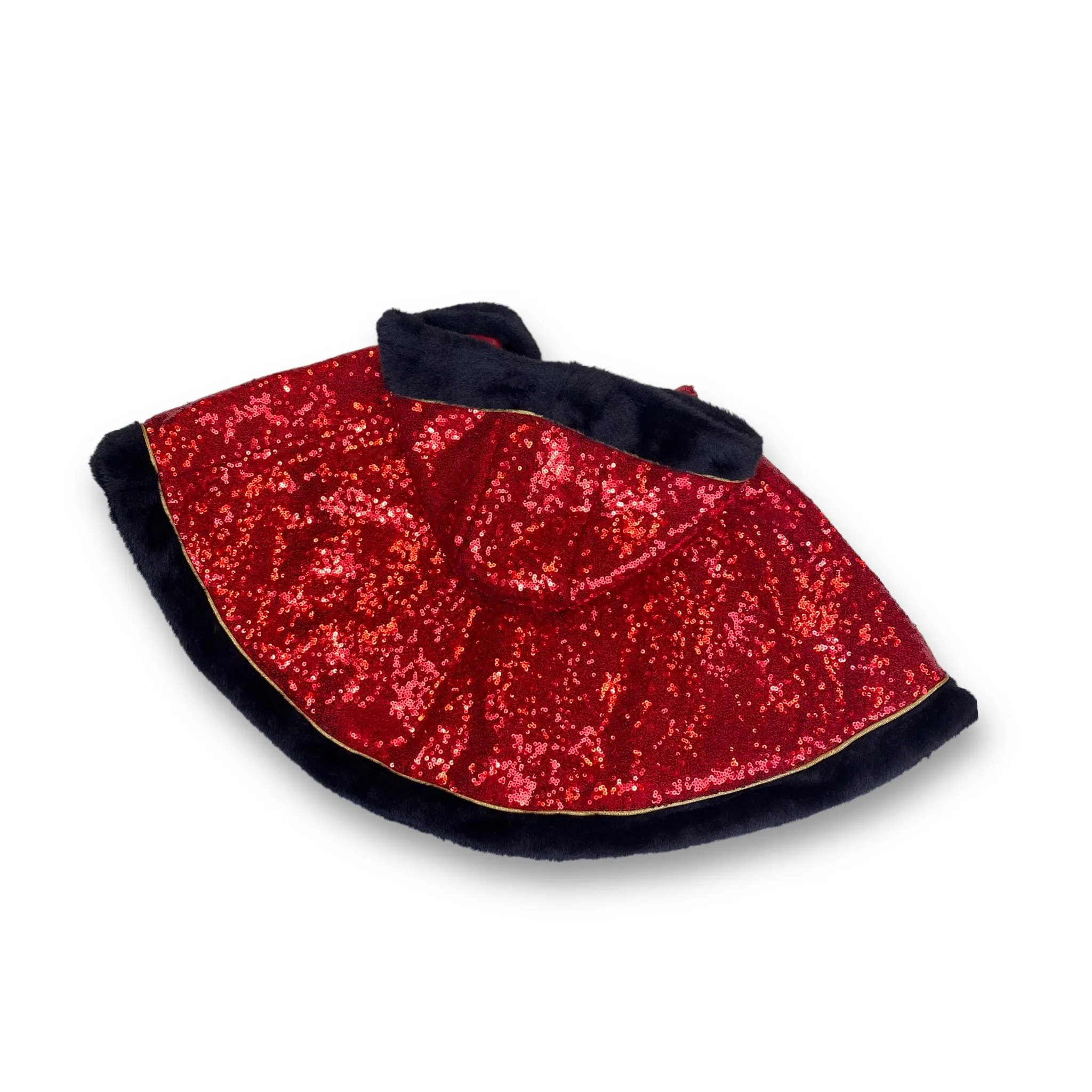 Fur Trim Hooded Sequin Cape -red & black
