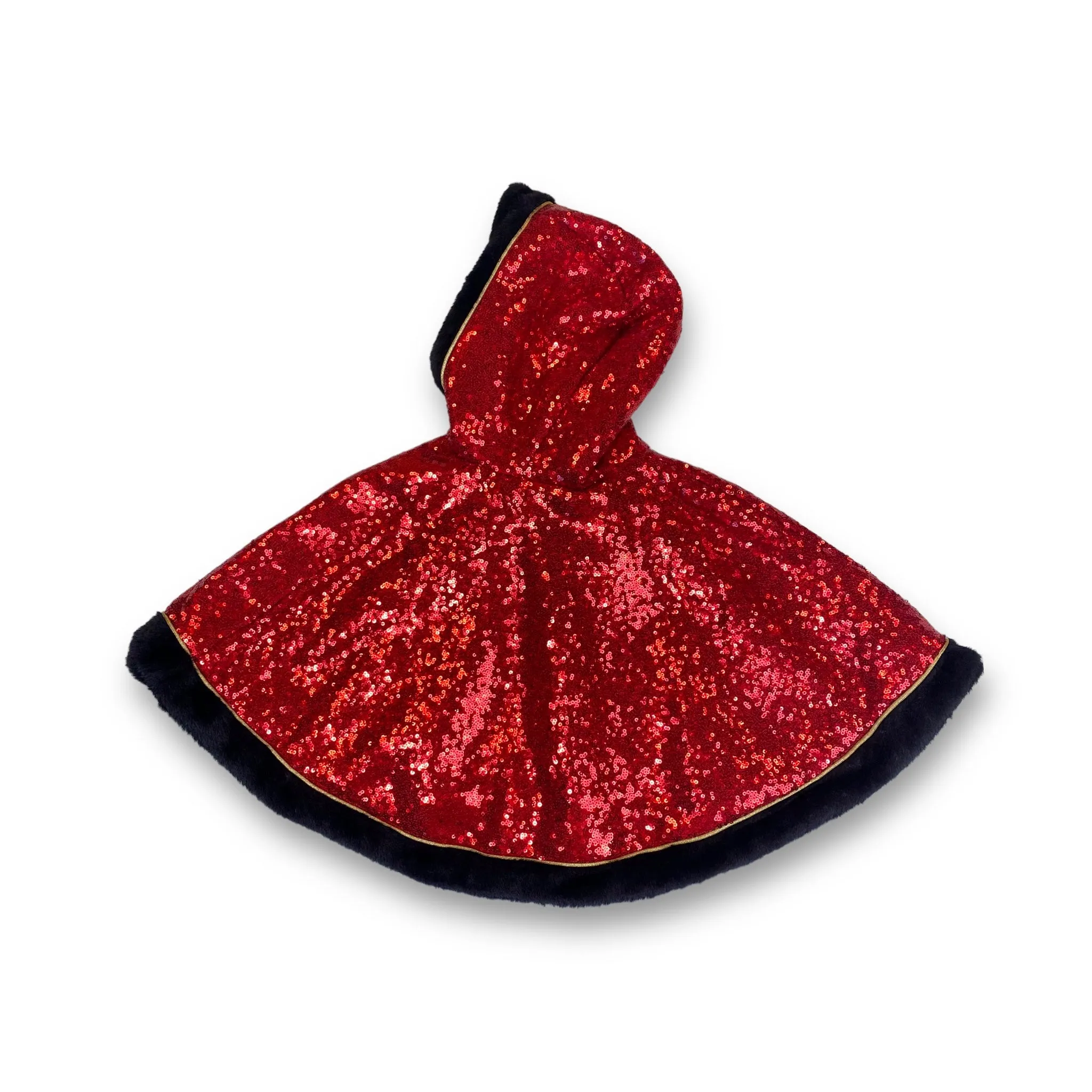 Fur Trim Hooded Sequin Cape -red & black