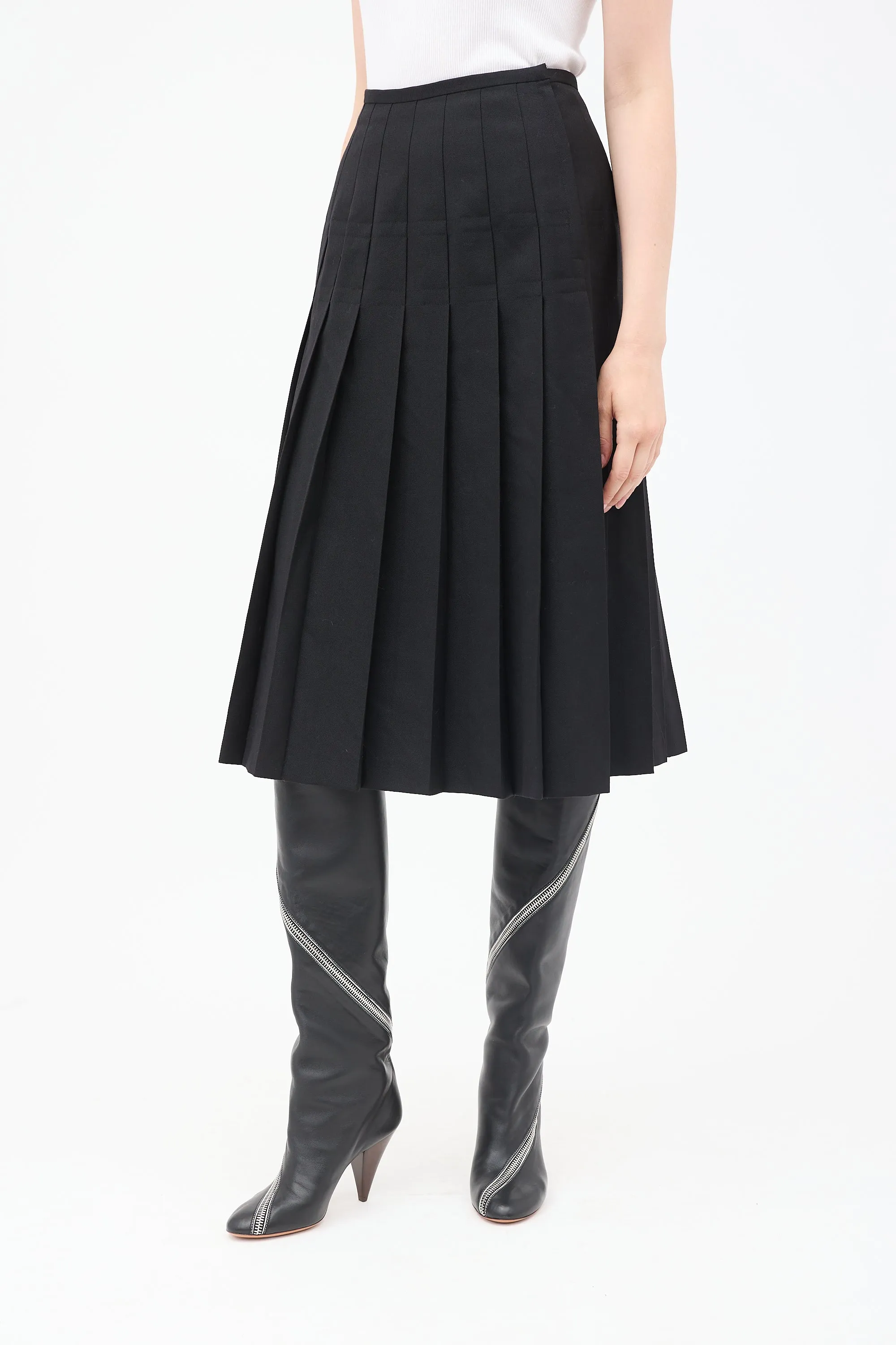 FW 1990 Black Wool Pleated Midi Skirt