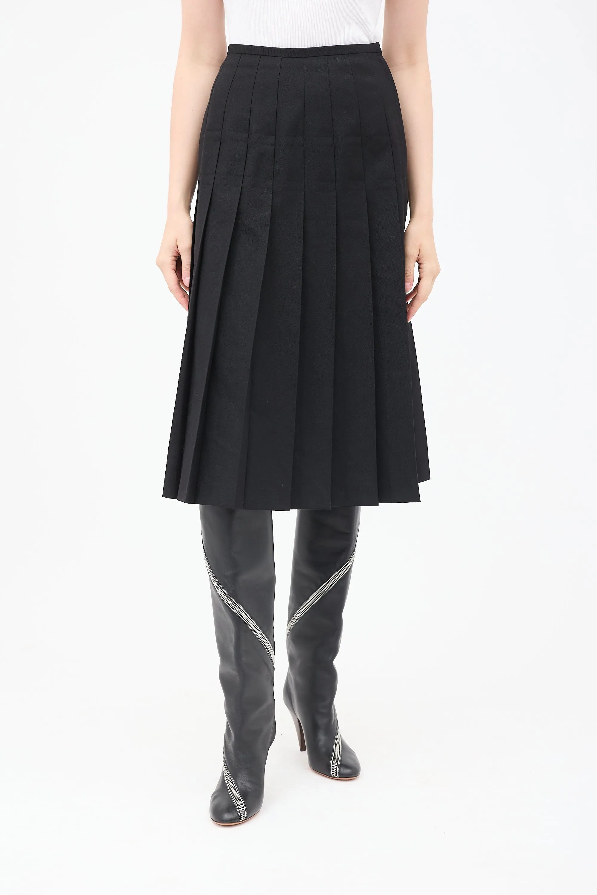 FW 1990 Black Wool Pleated Midi Skirt