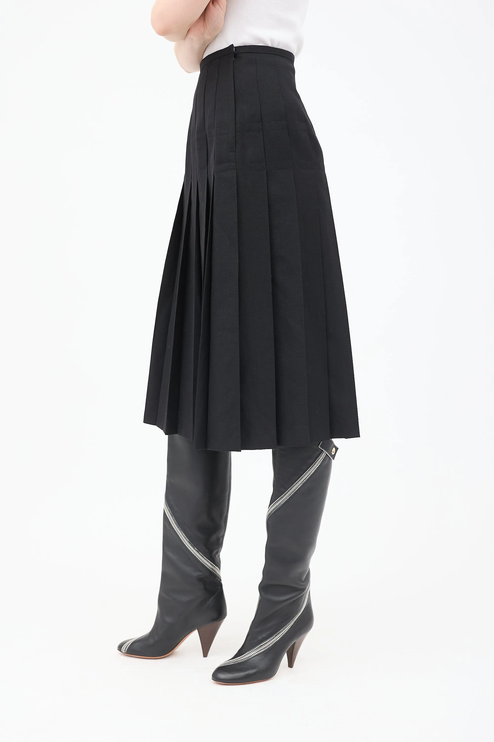 FW 1990 Black Wool Pleated Midi Skirt