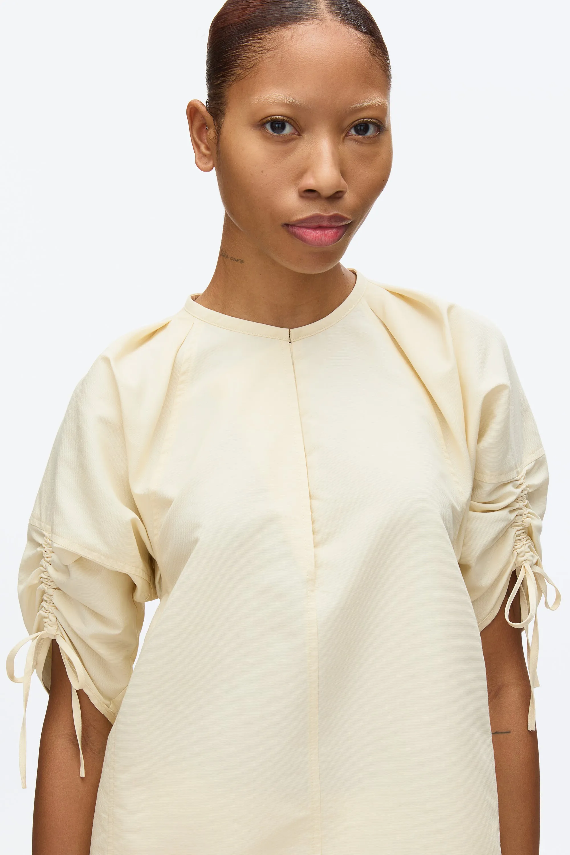Gathered Sleeve Band Collar Top