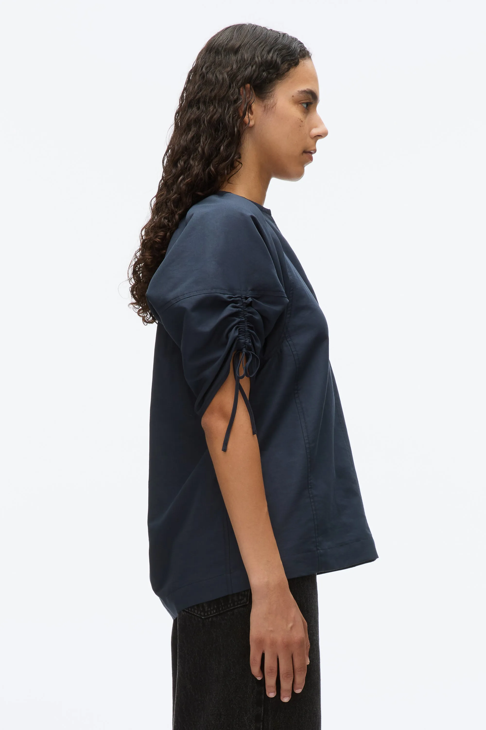 Gathered Sleeve Band Collar Top
