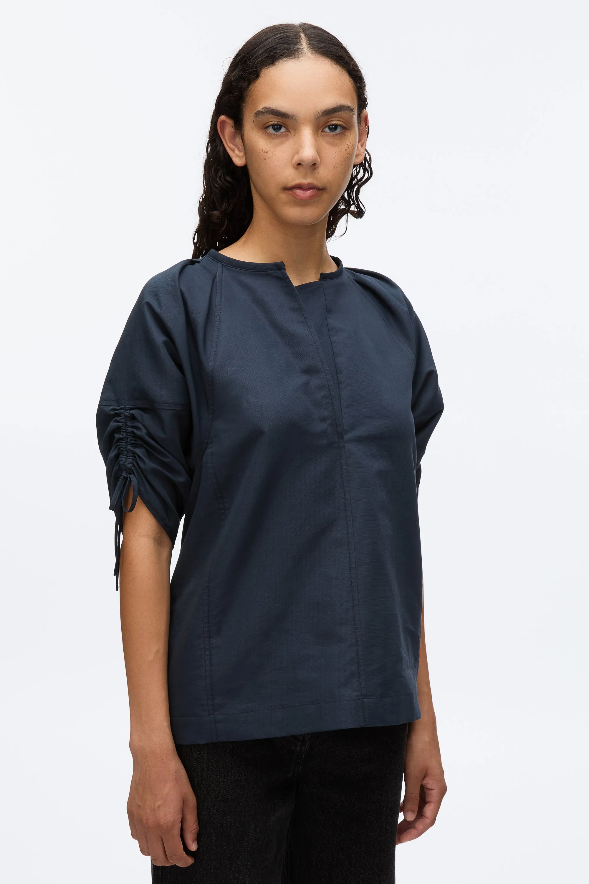 Gathered Sleeve Band Collar Top