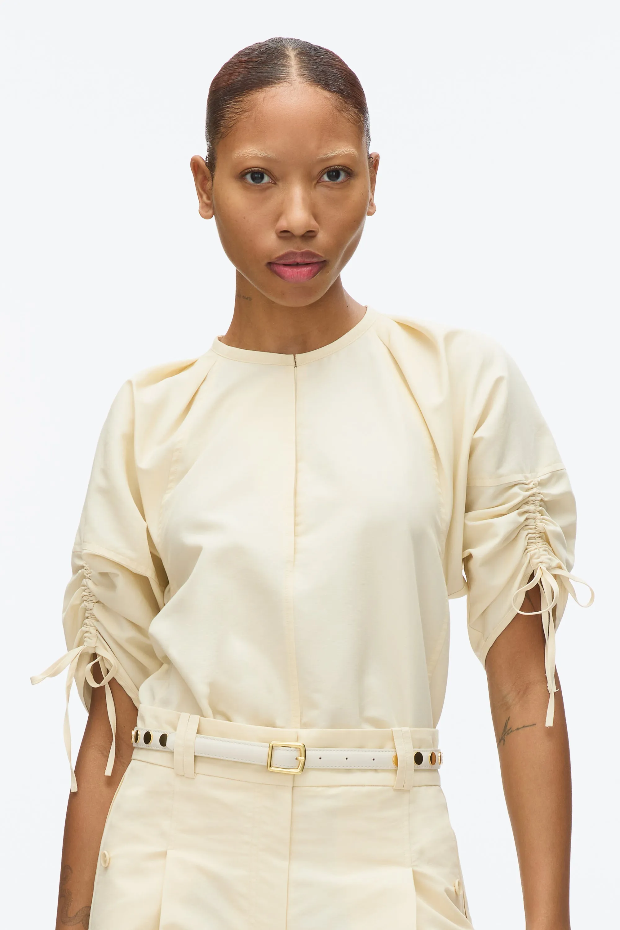 Gathered Sleeve Band Collar Top