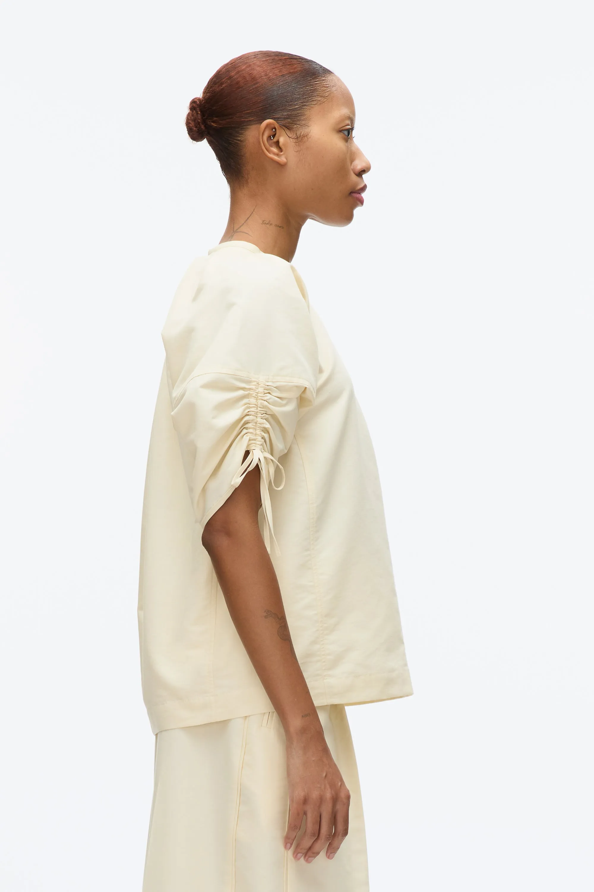 Gathered Sleeve Band Collar Top