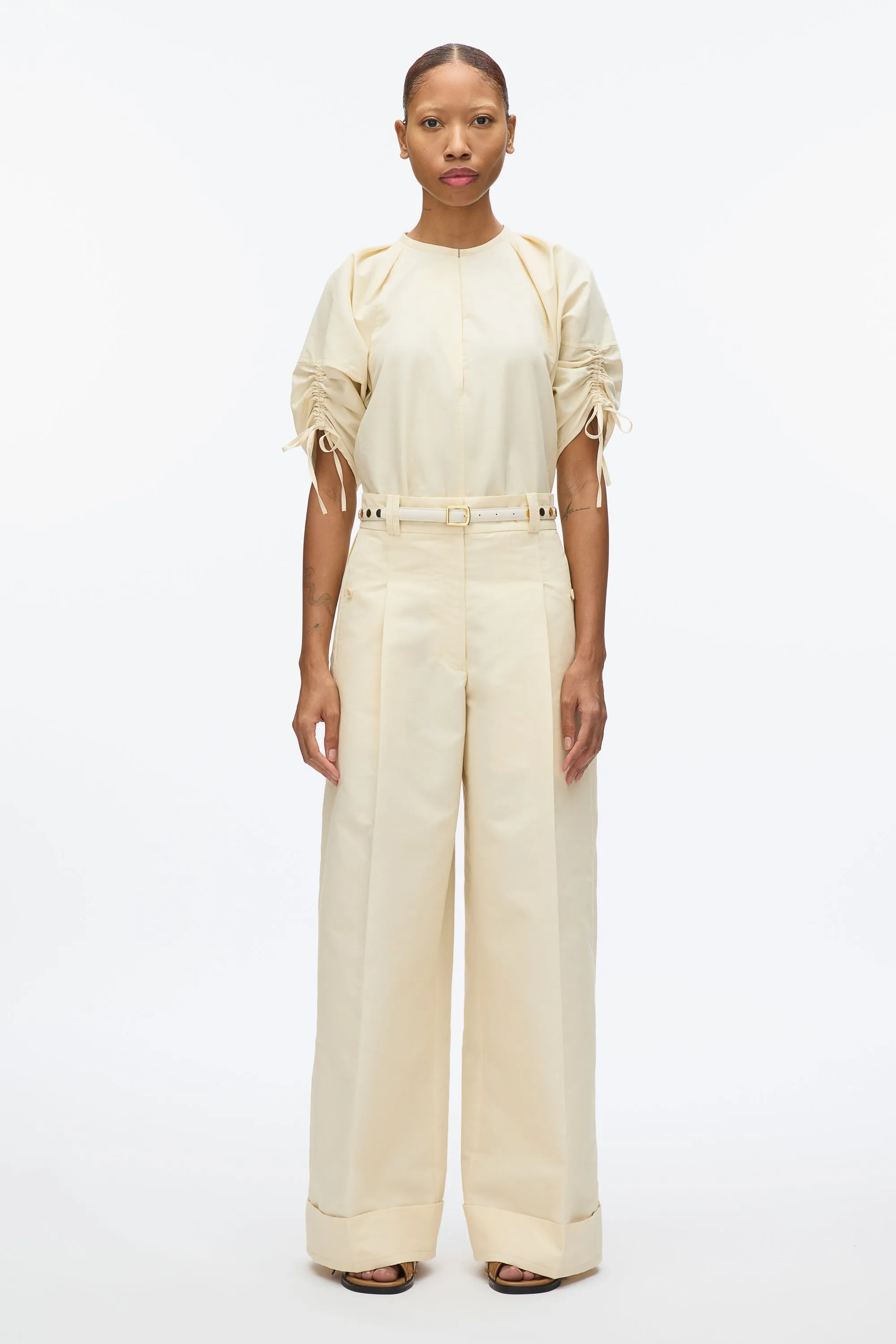 Gathered Sleeve Band Collar Top