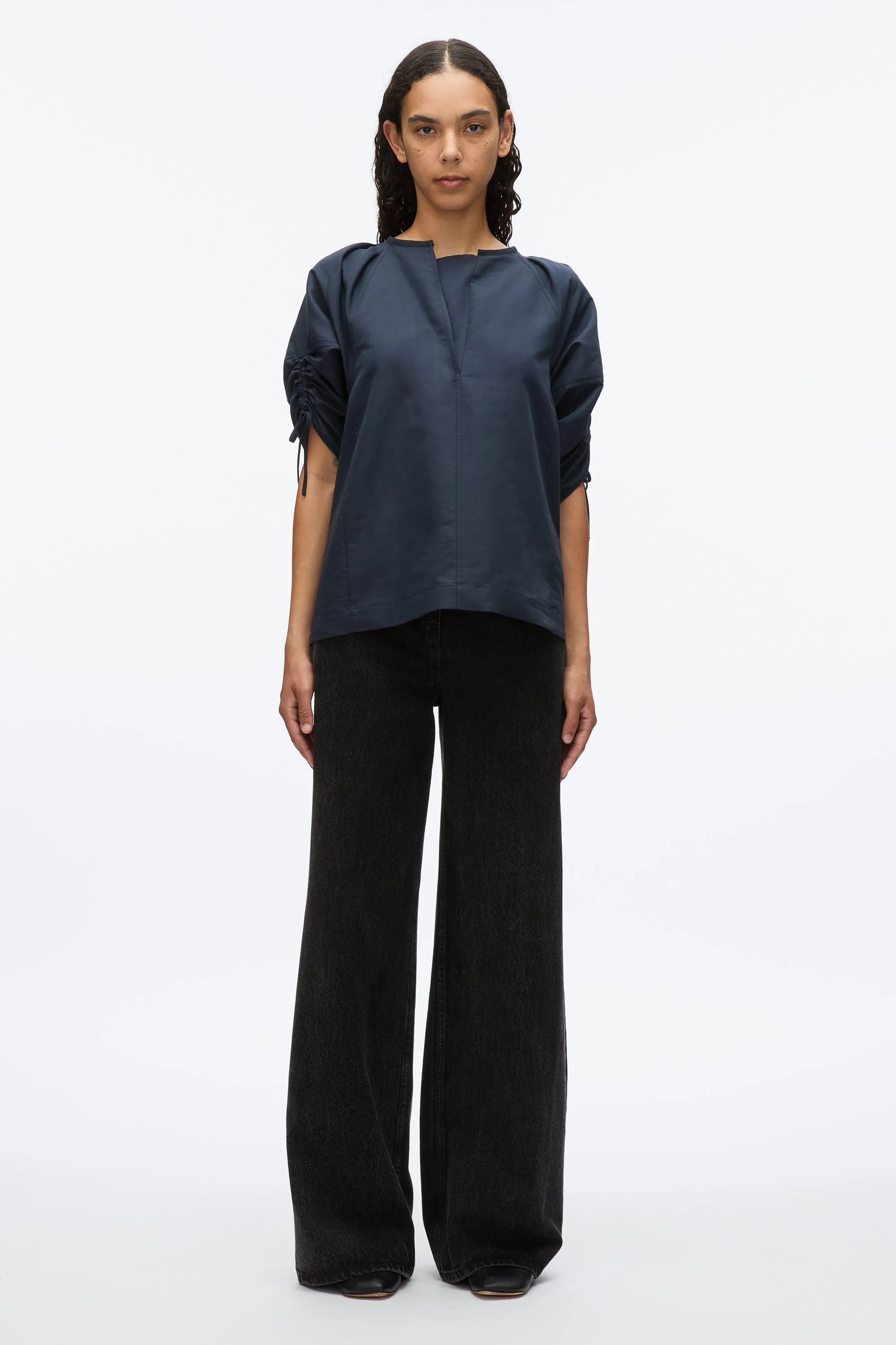 Gathered Sleeve Band Collar Top