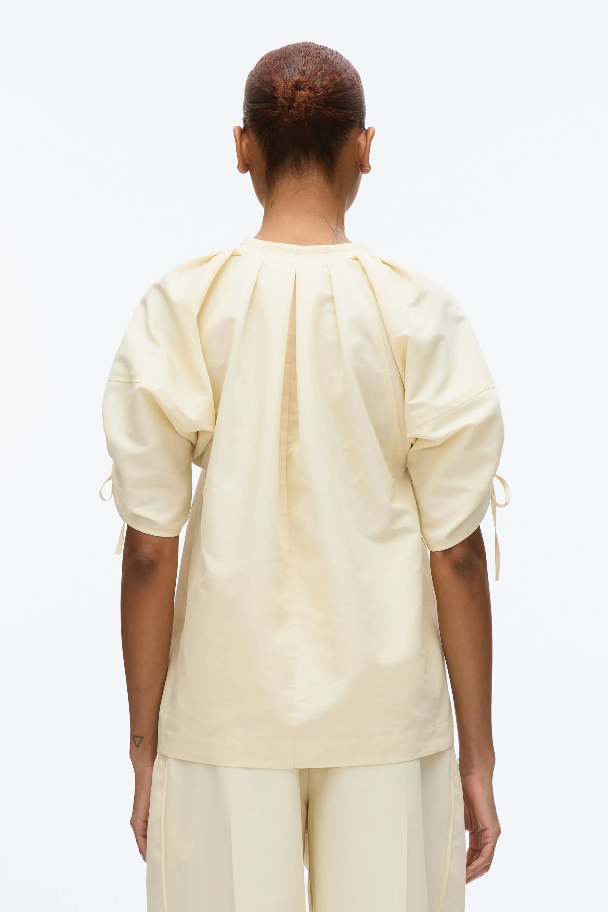 Gathered Sleeve Band Collar Top