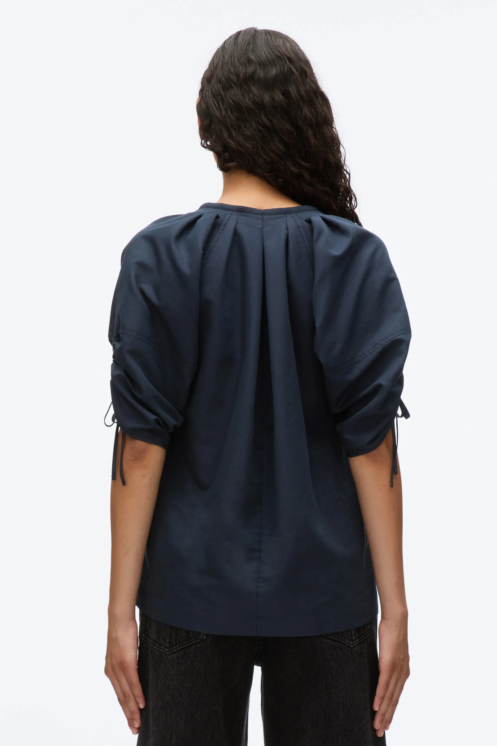 Gathered Sleeve Band Collar Top