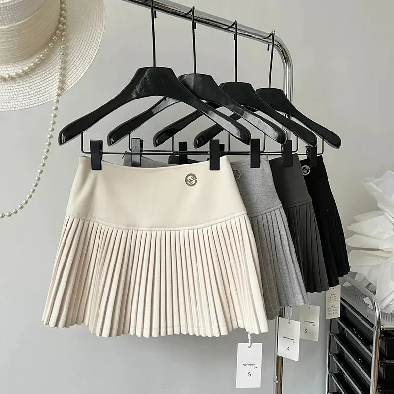 Girlary Woolen Mini Skirts Women Preppy Kawaii Black Pleated Skirt Winter Korean Fashion High Waist All Match A Line Faldas New