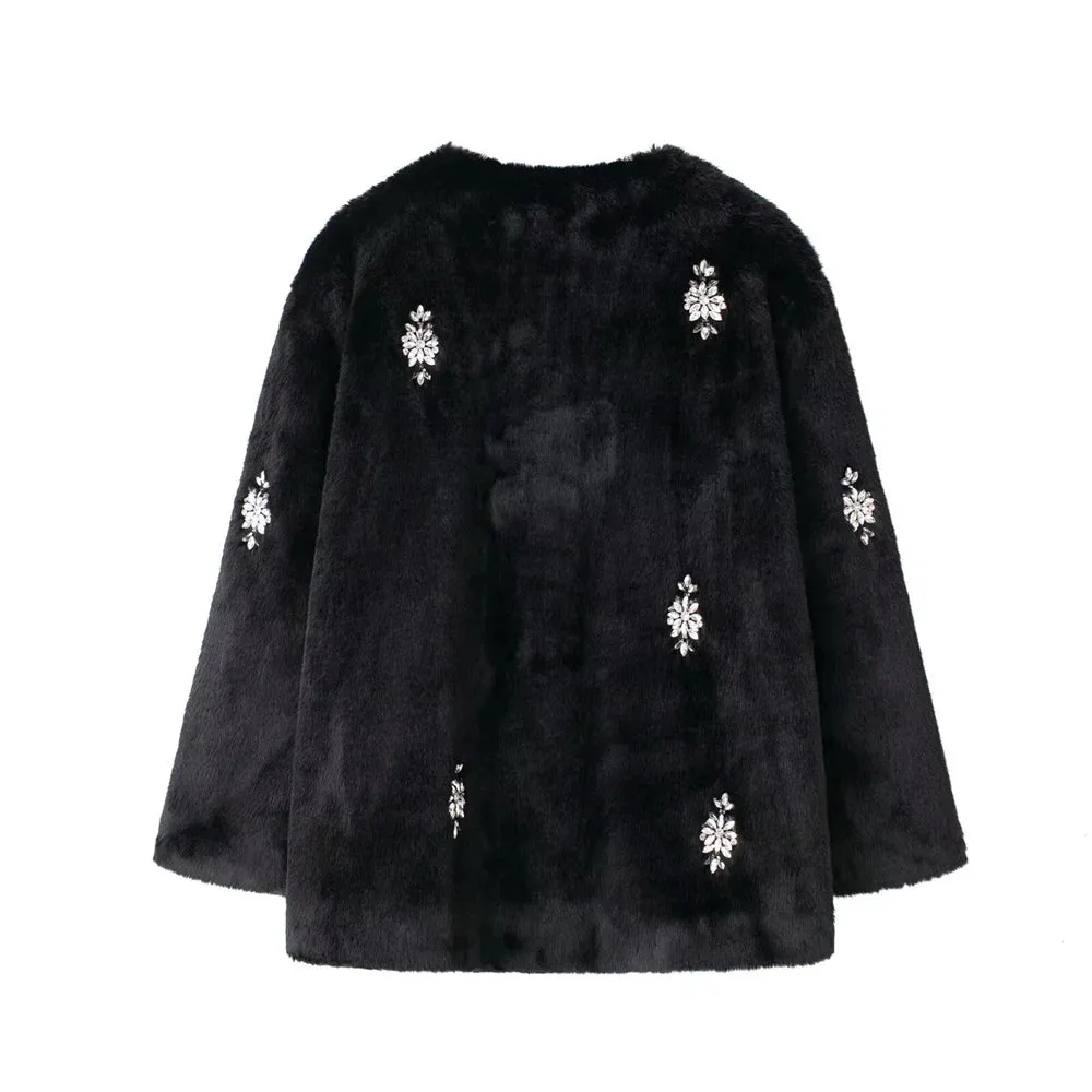 Juliana Rhinestone Embellished Faux Fur Jacket