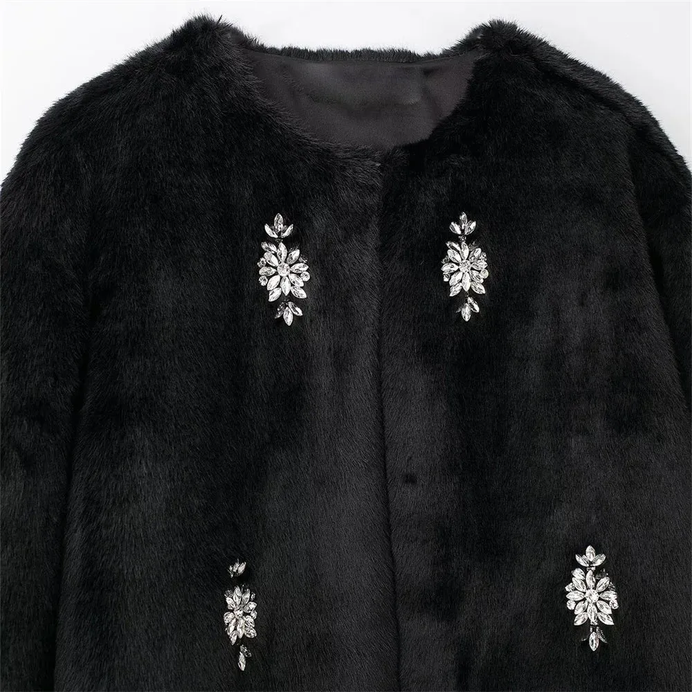 Juliana Rhinestone Embellished Faux Fur Jacket
