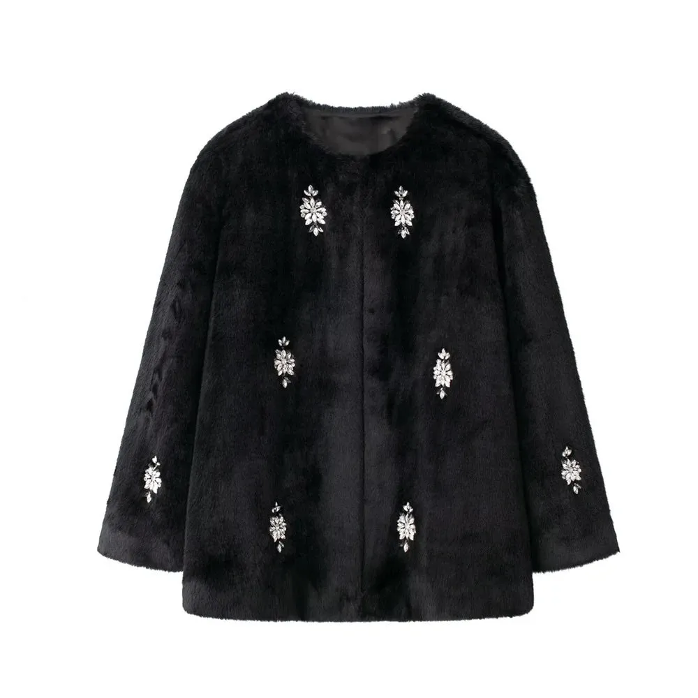 Juliana Rhinestone Embellished Faux Fur Jacket